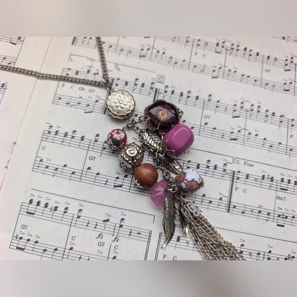 Eclectic Silver and Pink Charm Long Necklace - Picture 1 of 4